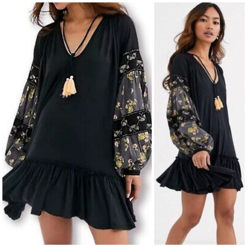 Free People Beaded Floral Sleeve Boho Black Tunic Dress